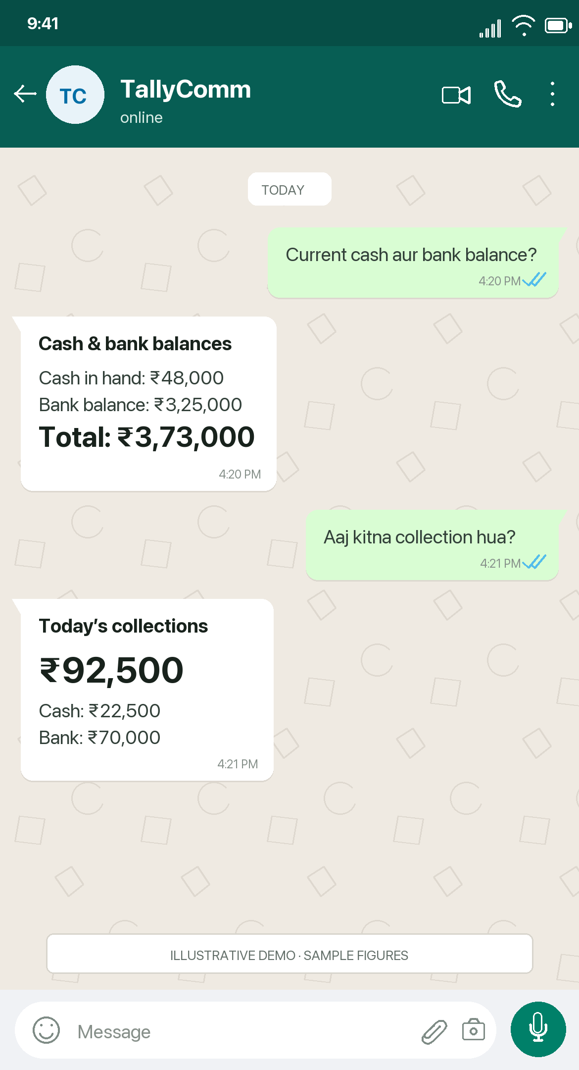 Illustrative TallyComm WhatsApp conversation about cash and bank. Sample figures; full text is available below.