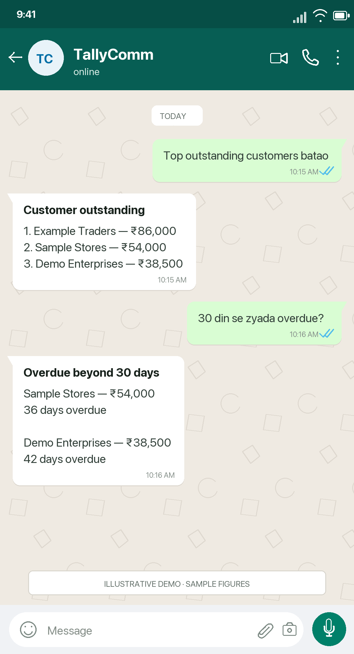 Illustrative TallyComm WhatsApp conversation about collections. Sample figures; full text is available below.